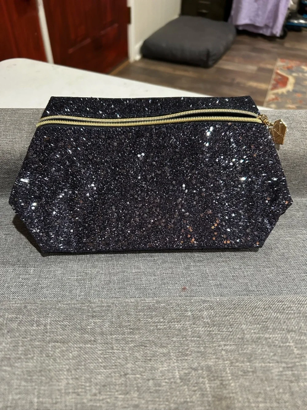 AHAVA Black Glitter Cosmetic Bag with Gold Zipper Detail
